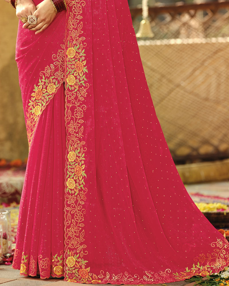 Vishal Prints Cardinal Red Designer Fancy Chiffon Embroidery-Diamond Work Saree With Cut Work Border