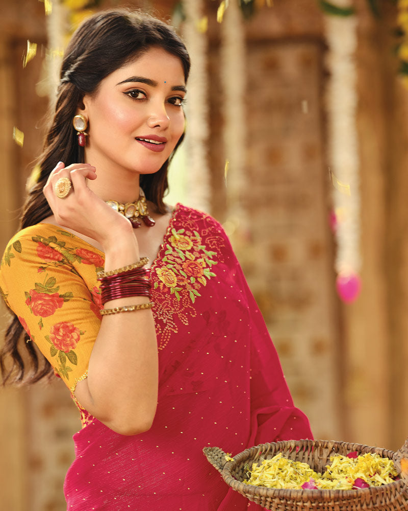 Vishal Prints Cardinal Red Designer Fancy Chiffon Embroidery-Diamond Work Saree With Cut Work Border
