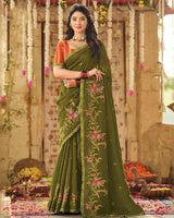 Vishal Prints Mehandi Green Designer Fancy Chiffon Embroidery-Diamond Work Saree With Cut Work Border