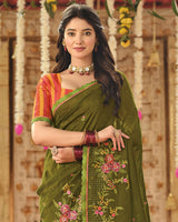 Vishal Prints Mehandi Green Designer Fancy Chiffon Embroidery-Diamond Work Saree With Cut Work Border