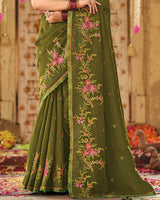 Vishal Prints Mehandi Green Designer Fancy Chiffon Embroidery-Diamond Work Saree With Cut Work Border