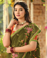 Vishal Prints Mehandi Green Designer Fancy Chiffon Embroidery-Diamond Work Saree With Cut Work Border