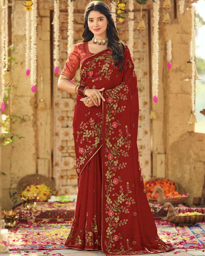 Vishal Prints Maroon Designer Fancy Chiffon Embroidery-Diamond Work Saree With Cut Work Border