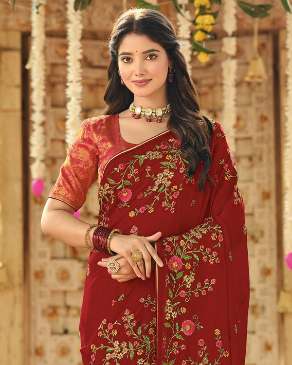Vishal Prints Maroon Designer Fancy Chiffon Embroidery-Diamond Work Saree With Cut Work Border