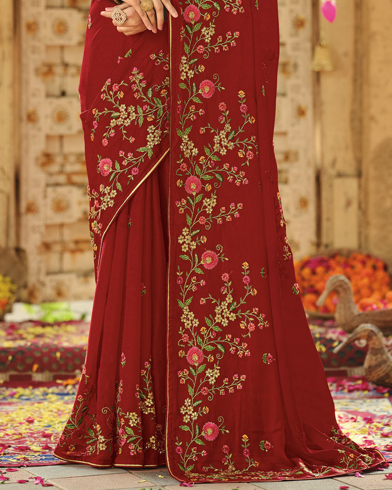 Vishal Prints Maroon Designer Fancy Chiffon Embroidery-Diamond Work Saree With Cut Work Border