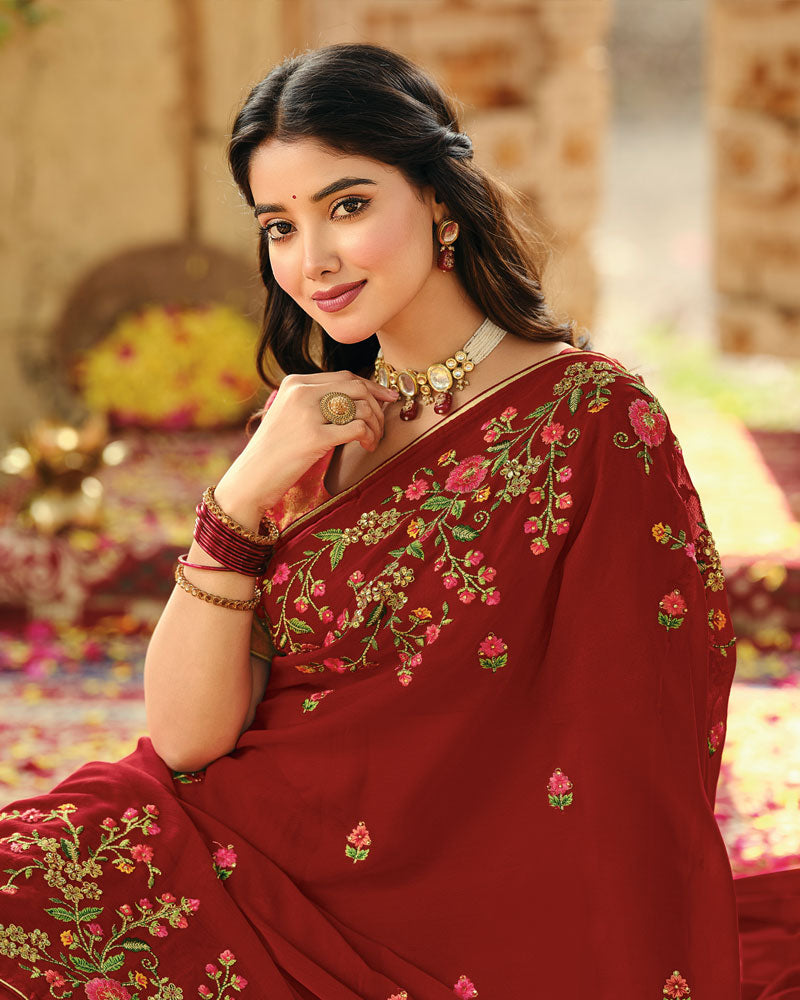 Vishal Prints Maroon Designer Fancy Chiffon Embroidery-Diamond Work Saree With Cut Work Border