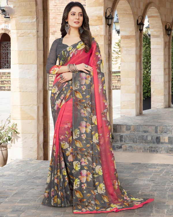 Vishal Prints Rose And Grey Digital Print Georgette Patterned Saree