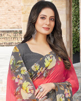 Vishal Prints Rose And Grey Digital Print Georgette Patterned Saree