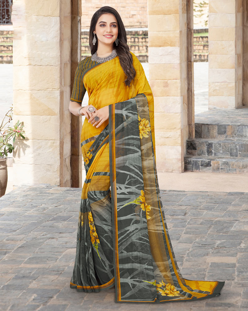 Vishal Prints Mustard And Grey Digital Print Georgette Patterned Saree