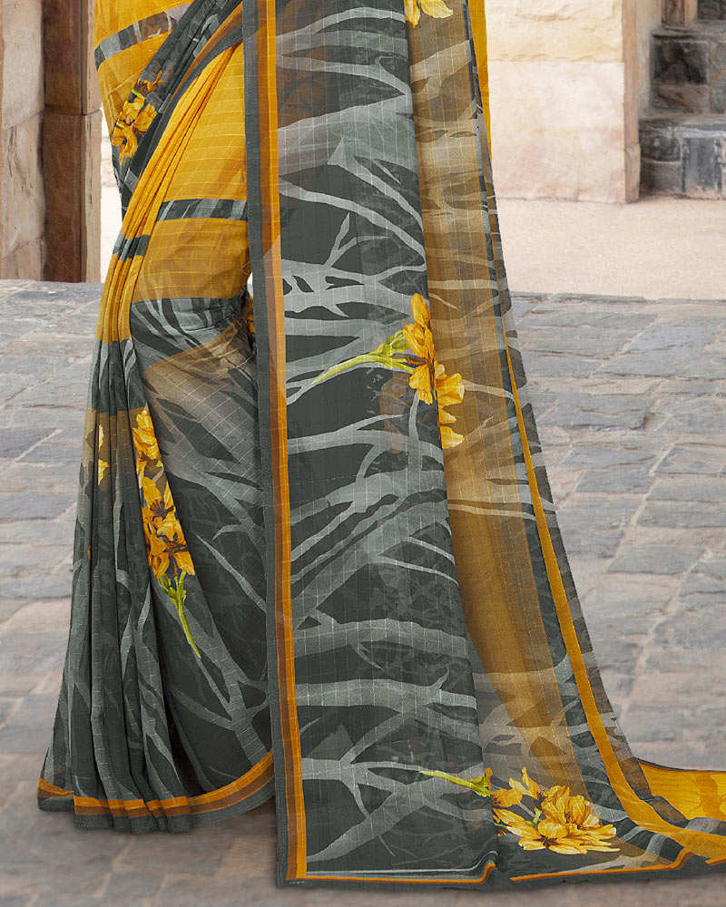 Vishal Prints Mustard And Grey Digital Print Georgette Patterned Saree