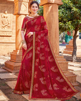 Vishal Prints Red Chiffon Patterned Saree With Foil Print And Fancy Lace Border