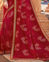 Vishal Prints Red Chiffon Patterned Saree With Foil Print And Fancy Lace Border