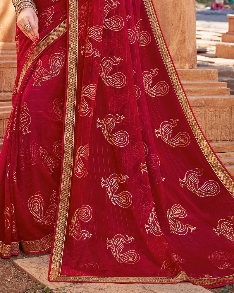 Vishal Prints Red Chiffon Patterned Saree With Foil Print And Fancy Lace Border