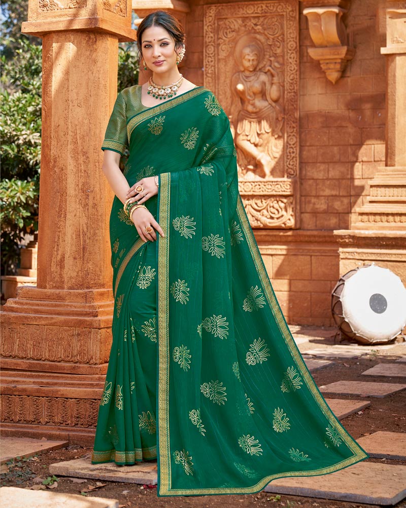 Vishal Prints Dark Green Chiffon Patterned Saree With Foil Print And Fancy Lace Border