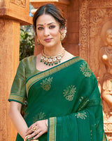 Vishal Prints Dark Green Chiffon Patterned Saree With Foil Print And Fancy Lace Border
