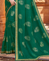 Vishal Prints Dark Green Chiffon Patterned Saree With Foil Print And Fancy Lace Border