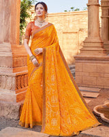 Vishal Prints Dark Orange Chiffon Patterned Saree With Foil Print And Fancy Lace Border