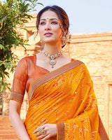 Vishal Prints Dark Orange Chiffon Patterned Saree With Foil Print And Fancy Lace Border