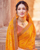 Vishal Prints Dark Orange Chiffon Patterned Saree With Foil Print And Fancy Lace Border