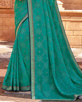 Vishal Prints Teal Chiffon Patterned Saree With Foil Print And Fancy Lace Border