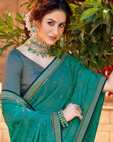 Vishal Prints Teal Chiffon Patterned Saree With Foil Print And Fancy Lace Border