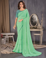 Vishal Prints Sea Green Designer Chiffon Saree With Diamond Work And Fancy Piping
