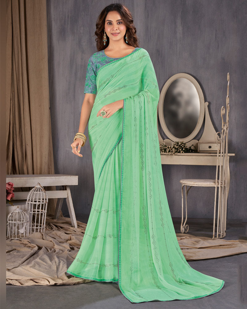 Vishal Prints Sea Green Designer Chiffon Saree With Diamond Work And Fancy Piping