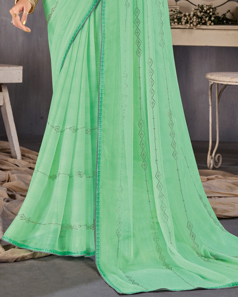 Vishal Prints Sea Green Designer Chiffon Saree With Diamond Work And Fancy Piping