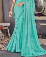 Vishal Prints Turquoise Green Designer Chiffon Saree With Diamond Work And Fancy Piping