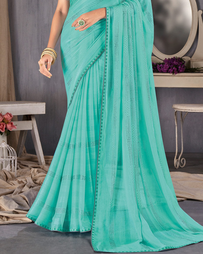 Vishal Prints Turquoise Green Designer Chiffon Saree With Diamond Work And Fancy Piping
