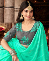 Vishal Prints Aquamarine Designer Chiffon Saree With Diamond Work And Fancy Piping