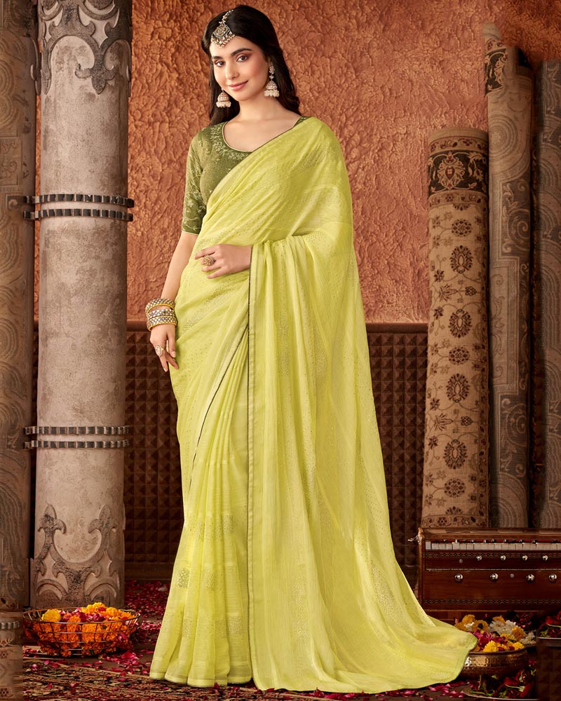 Vishal Prints Light Yellow Designer Chiffon Saree With Diamond Work And Fancy Piping