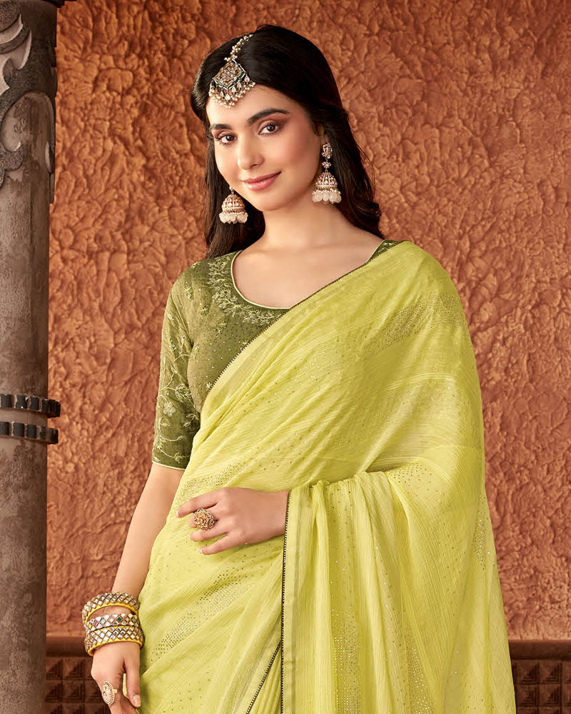 Vishal Prints Light Yellow Designer Chiffon Saree With Diamond Work And Fancy Piping