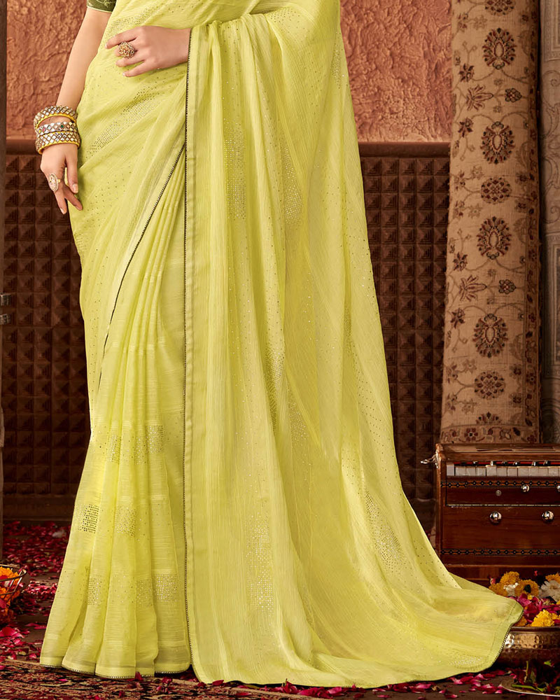 Vishal Prints Light Yellow Designer Chiffon Saree With Diamond Work And Fancy Piping