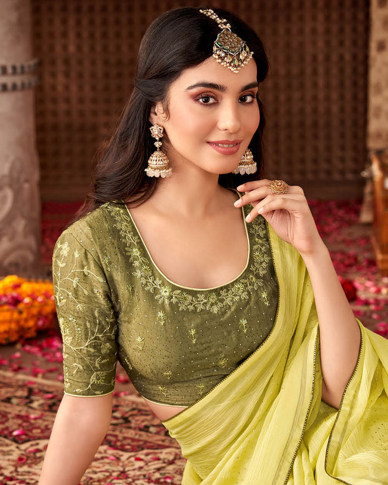 Vishal Prints Light Yellow Designer Chiffon Saree With Diamond Work And Fancy Piping