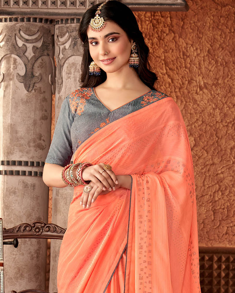 Vishal Prints Salmon Orange Designer Chiffon Saree With Diamond Work And Fancy Piping