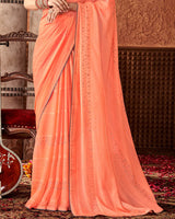 Vishal Prints Salmon Orange Designer Chiffon Saree With Diamond Work And Fancy Piping