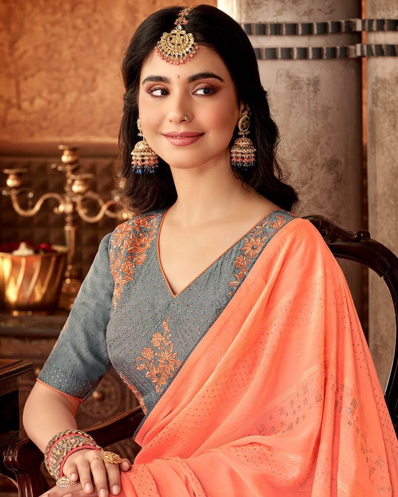 Vishal Prints Salmon Orange Designer Chiffon Saree With Diamond Work And Fancy Piping
