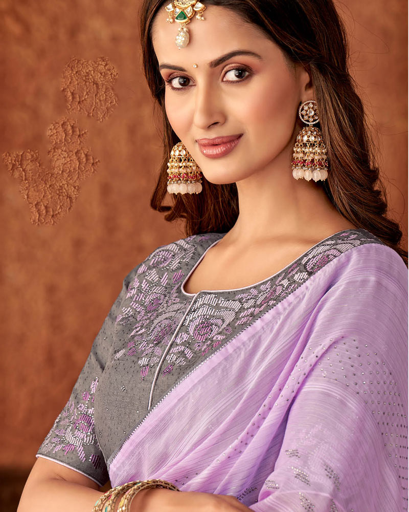 Vishal Prints Lavender Designer Chiffon Saree With Diamond Work And Fancy Piping