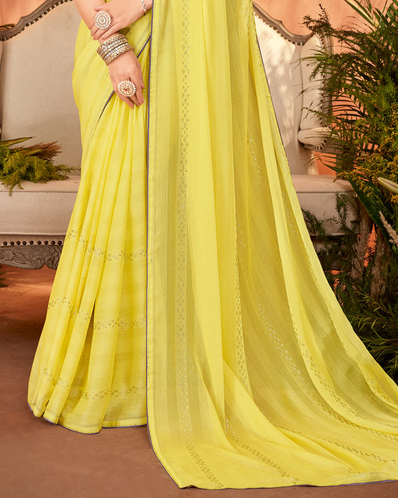 Vishal Prints Pastel Yellow Designer Chiffon Saree With Diamond Work And Fancy Piping