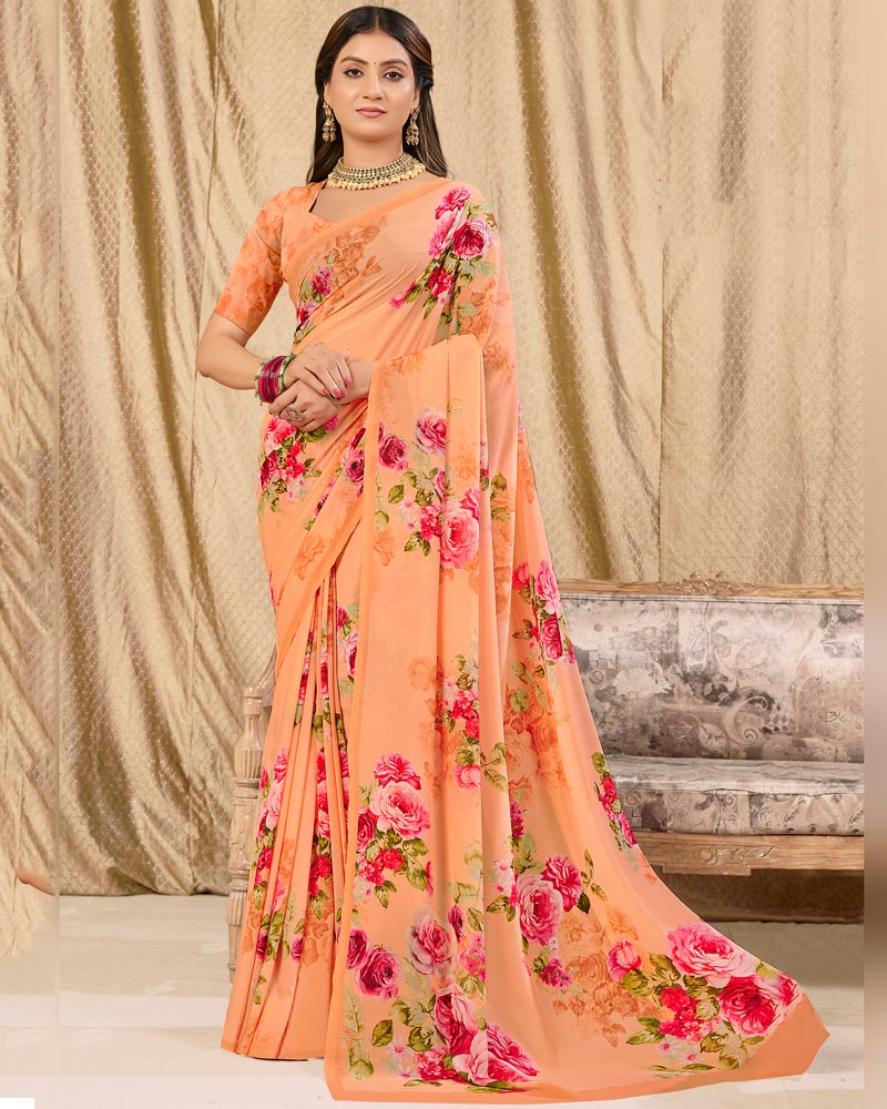 Vishal Prints Light Orange Digital Print Georgette Saree