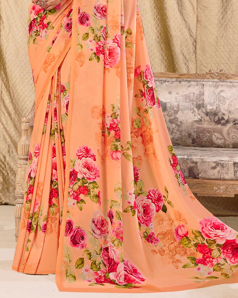 Vishal Prints Light Orange Digital Print Georgette Saree