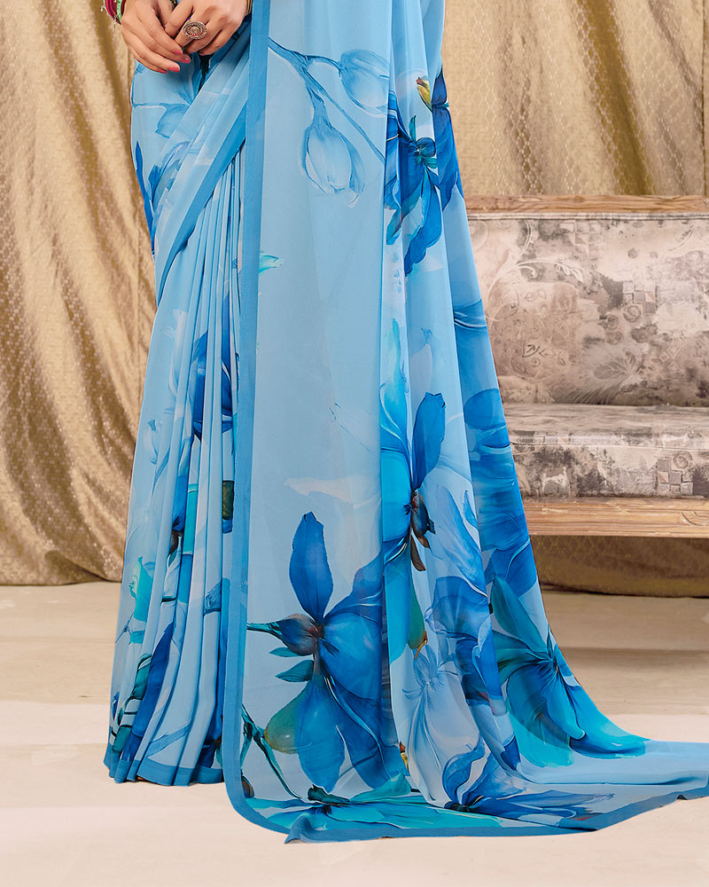 Vishal Prints Sky Blue Digital Print Georgette Saree