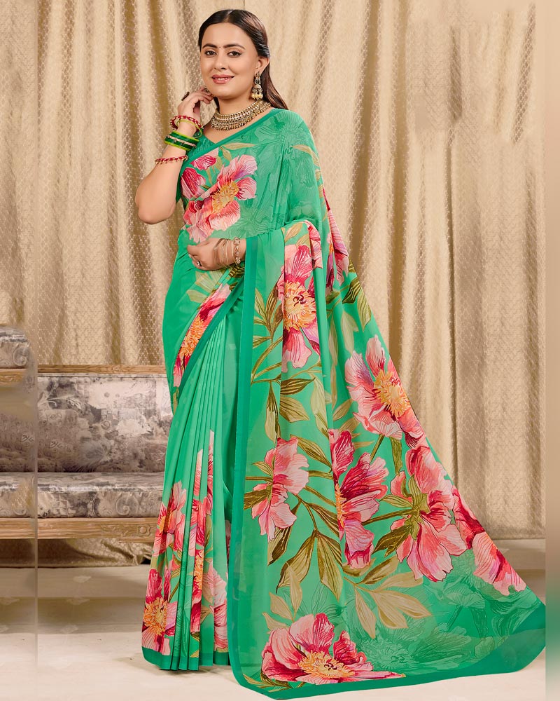 Vishal Prints Persian Green Digital Print Georgette Saree