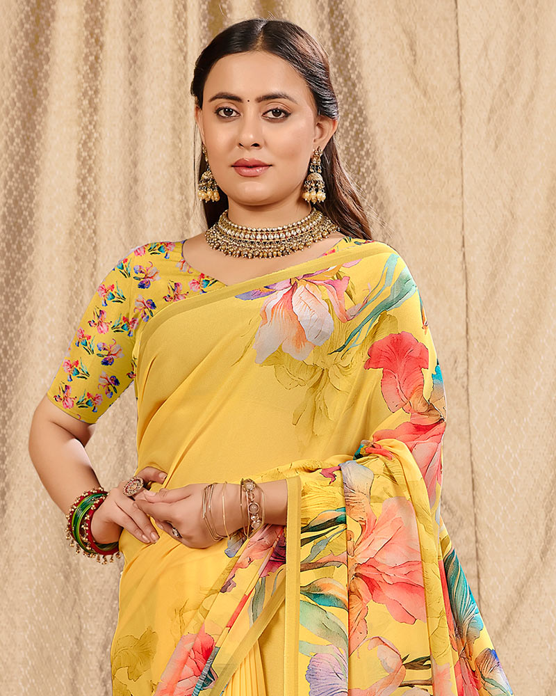 Vishal Prints Yellow Digital Print Georgette Saree