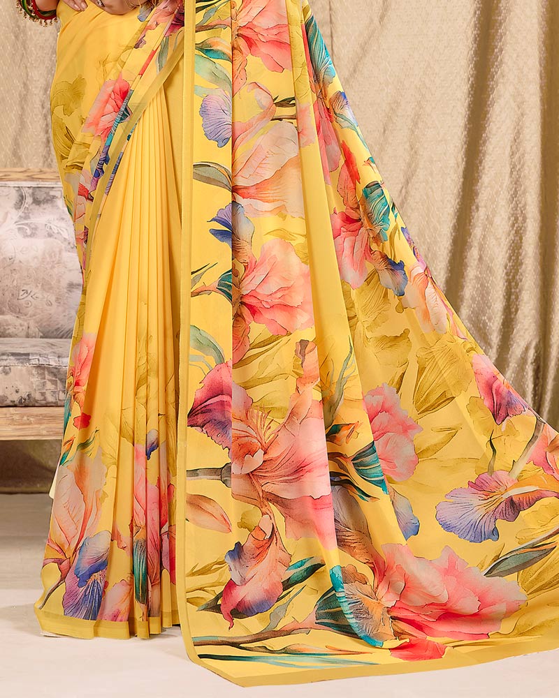Vishal Prints Yellow Digital Print Georgette Saree