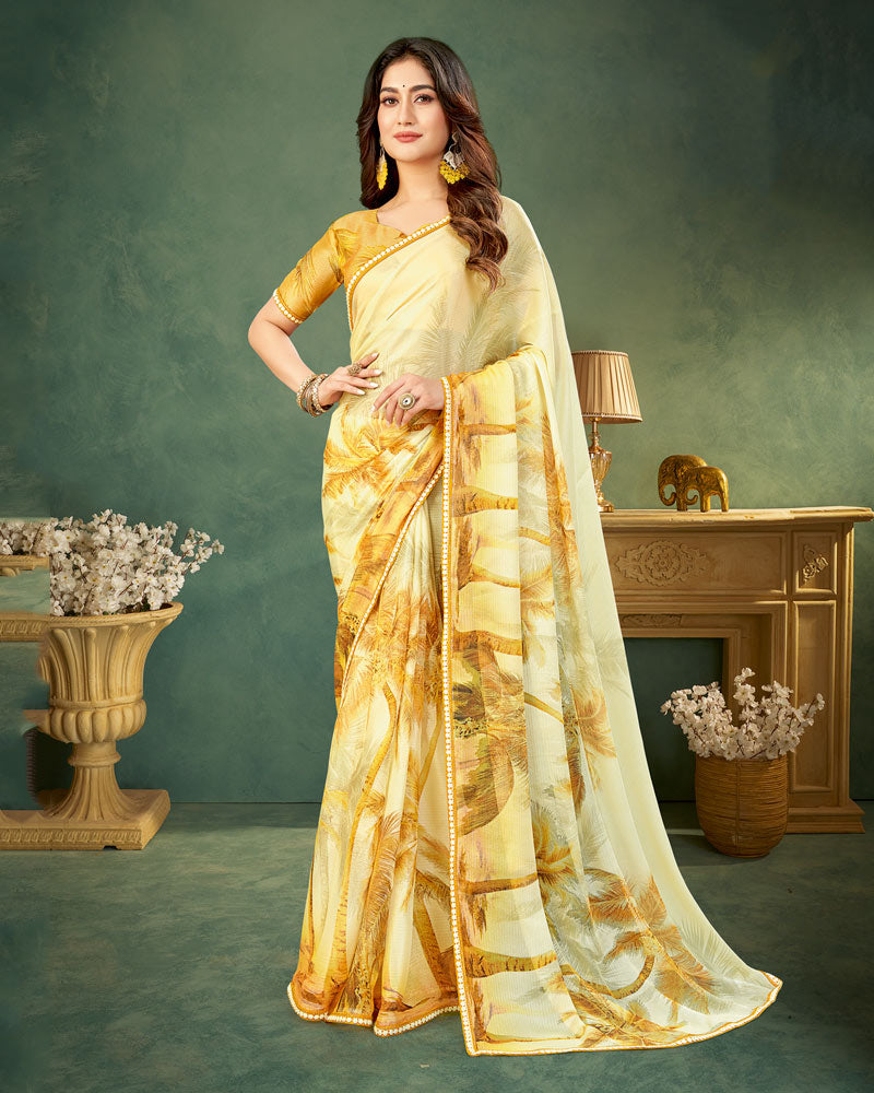 Vishal Prints Dull Brown Digital Print Chiffon Saree With Fancy Border