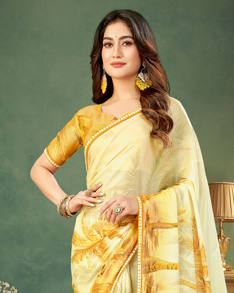 Vishal Prints Dull Brown Digital Print Chiffon Saree With Fancy Border