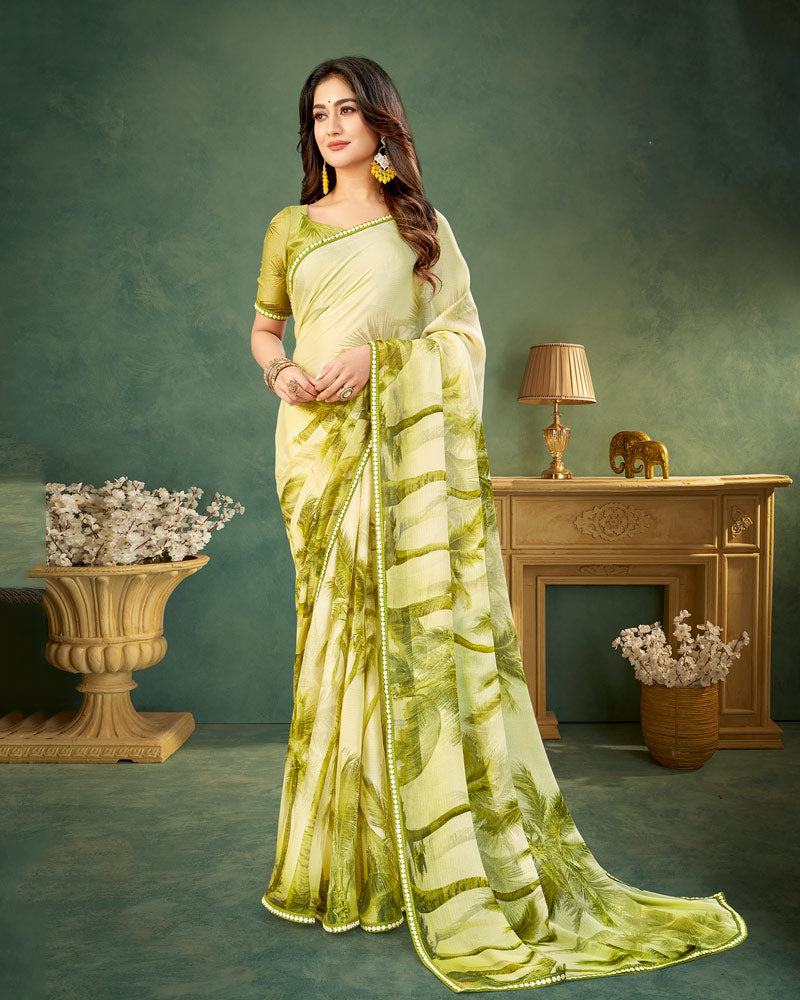 Vishal Prints Light Olive Yellow Digital Print Chiffon Saree With Fancy Border