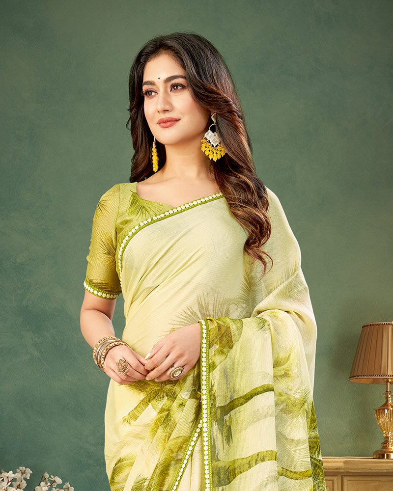 Vishal Prints Light Olive Yellow Digital Print Chiffon Saree With Fancy Border